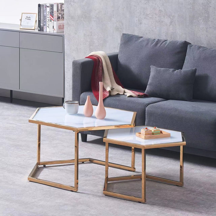 Lot de 2 tables basses Gigogne HEXAGONA structure Gold et plateau en verre