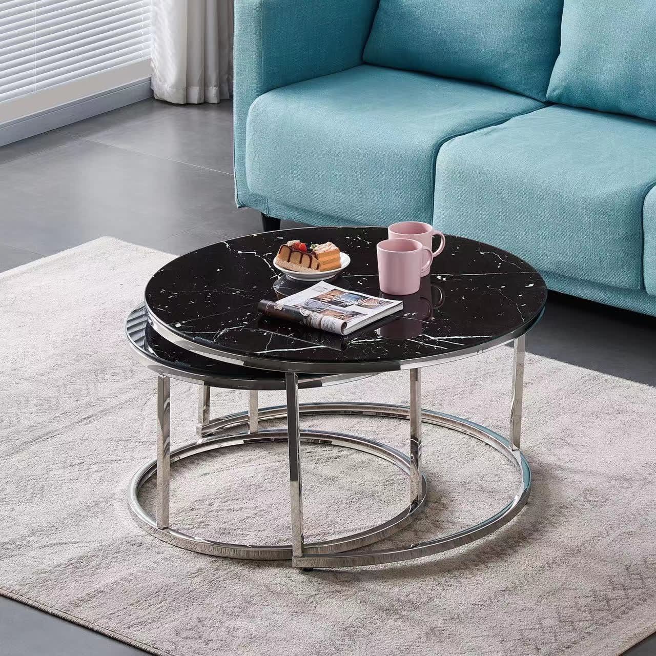 Lot de 2 tables Basses Gigogne ARTO inox et plateau en verre