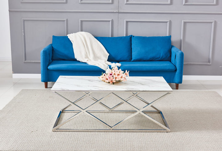 TABLE BASSE TRIANGLE CHROME MARBRE BLANC 120x60 cm
