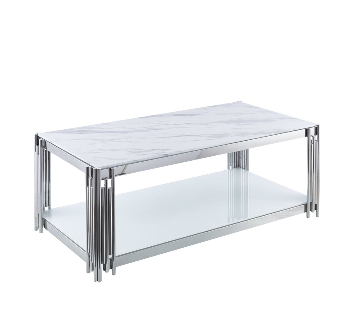 TABLE BASSE FLUTE CHROME BLANC ET MARBRE BLANC 120X60cm