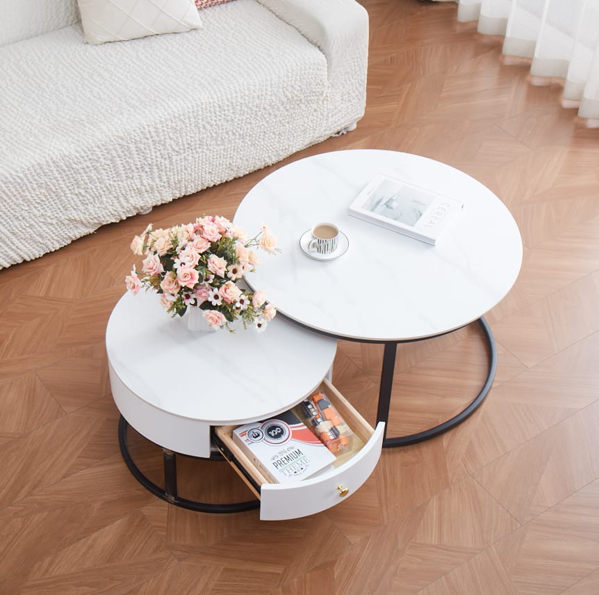 Table basse gigogne avec tiroir NOVELA Plateau céramique Marbre blanc