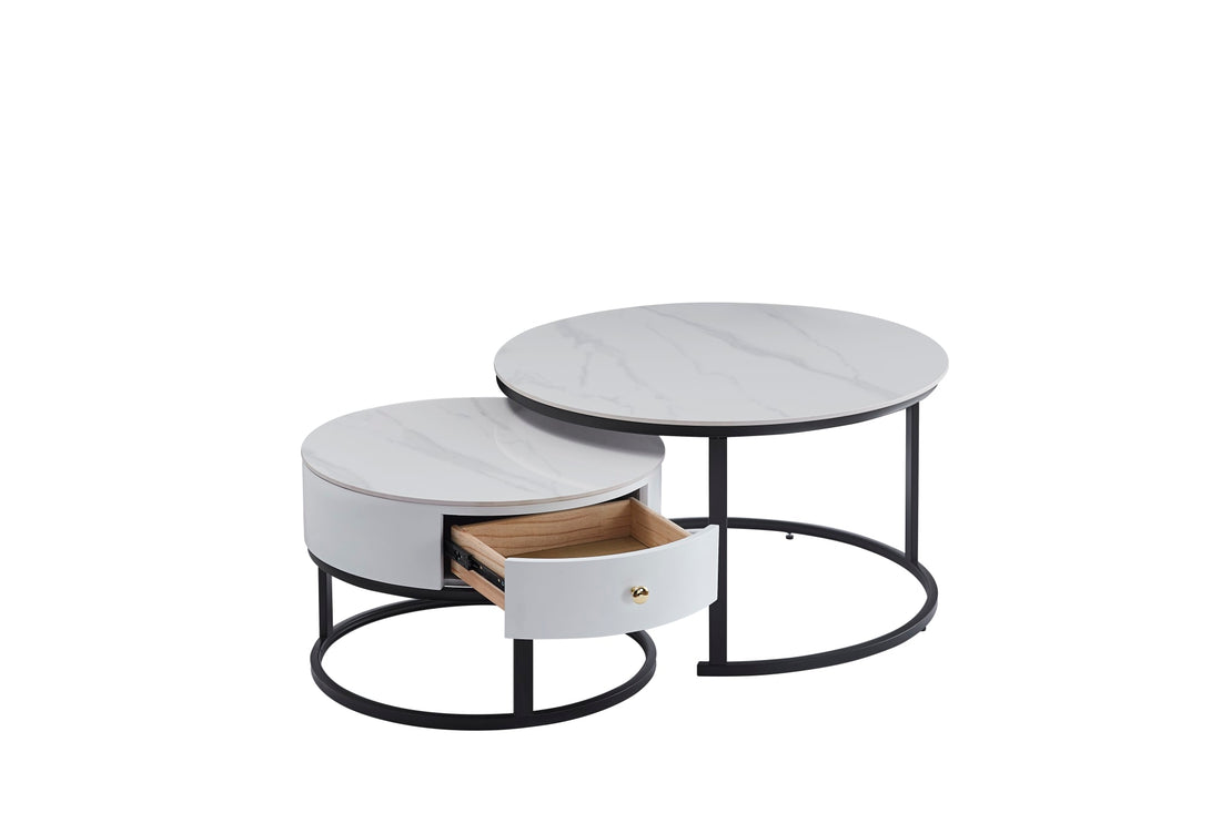 Table basse gigogne avec tiroir NOVELA Plateau céramique Marbre blanc
