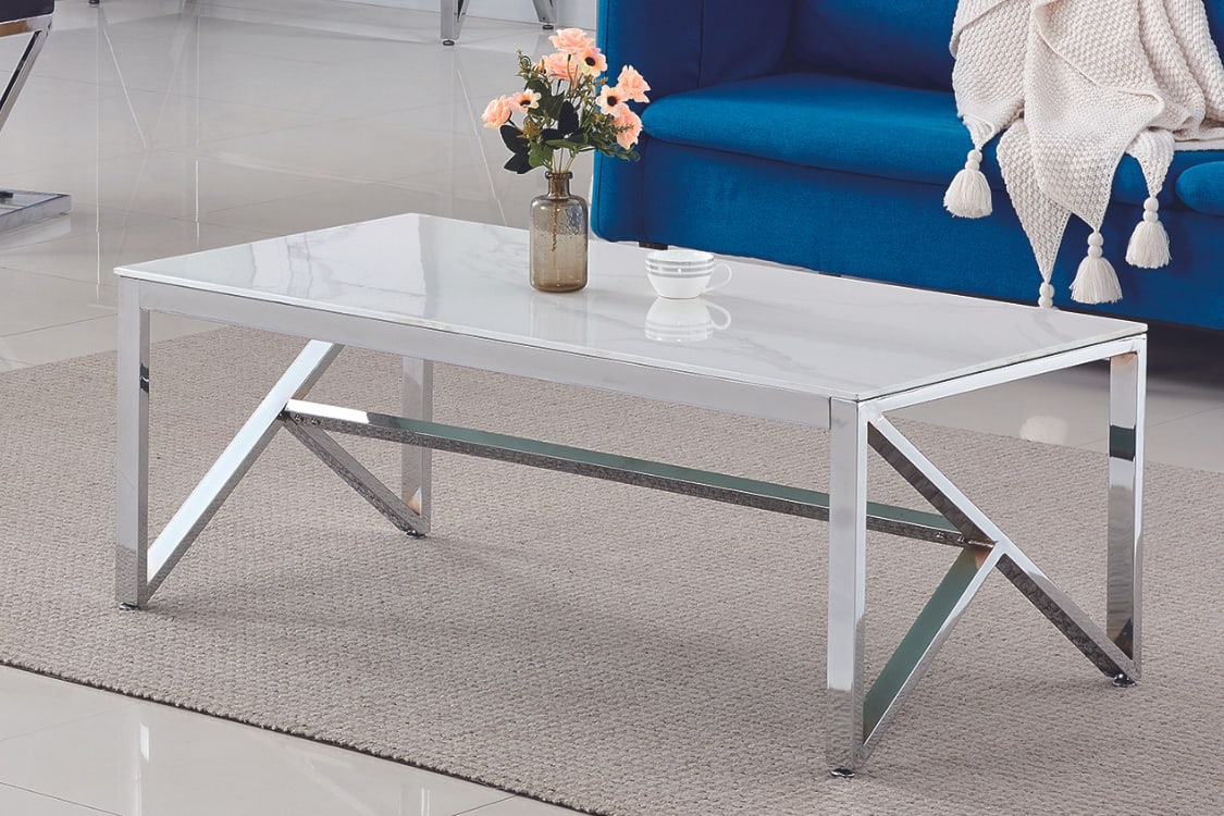 Table Basse MAJESTIQUE Chrome et plateau en verre 120x60x45 cm