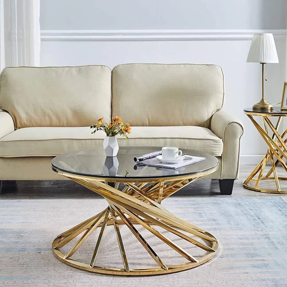 TABLE BASSE NAUTILUS GOLD VERRE FUMEE D 90 cm