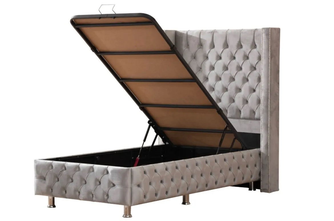 Lit coffre clouté gris-SAN