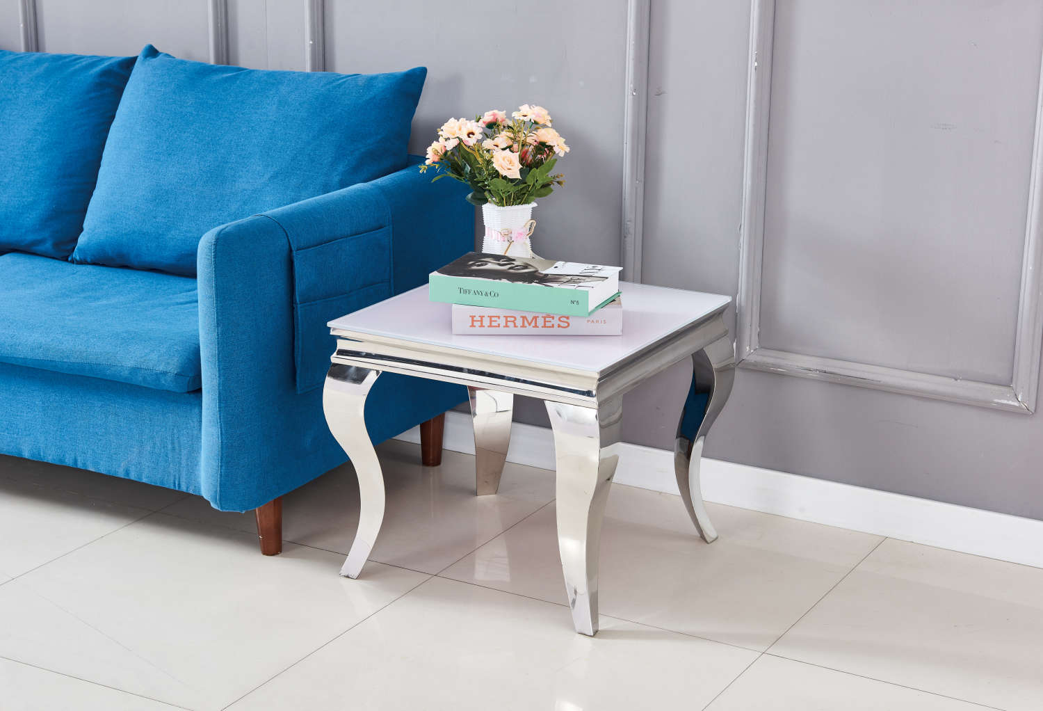 GUERIDON BAROQUE CHROME BLANC 50x50 cm