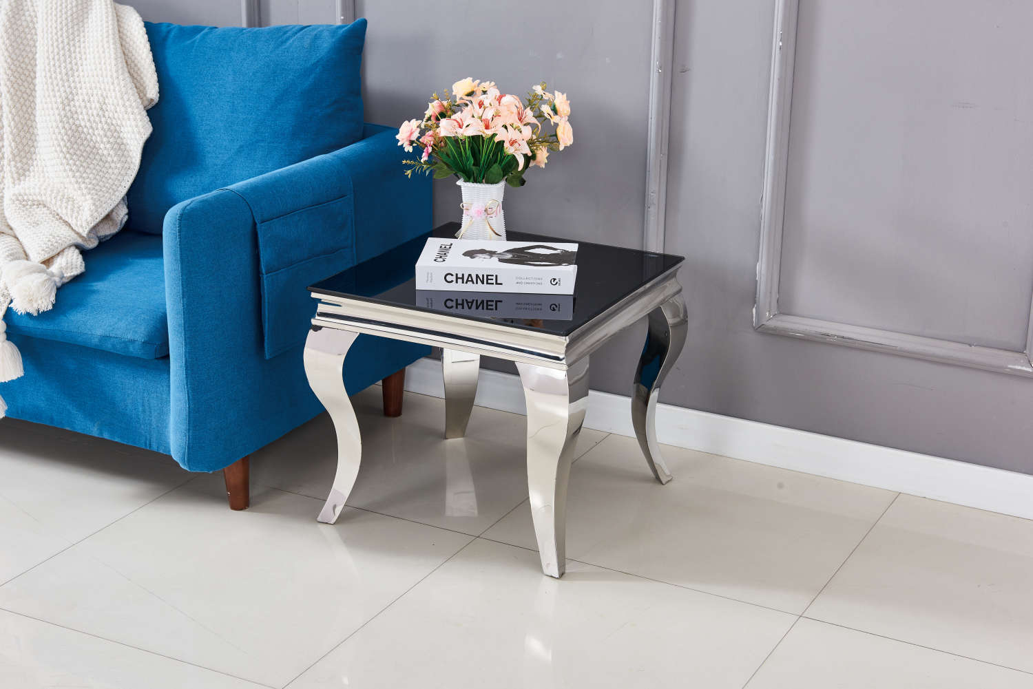 GUERIDON BAROQUE CHROME NOIR 50x50 cm