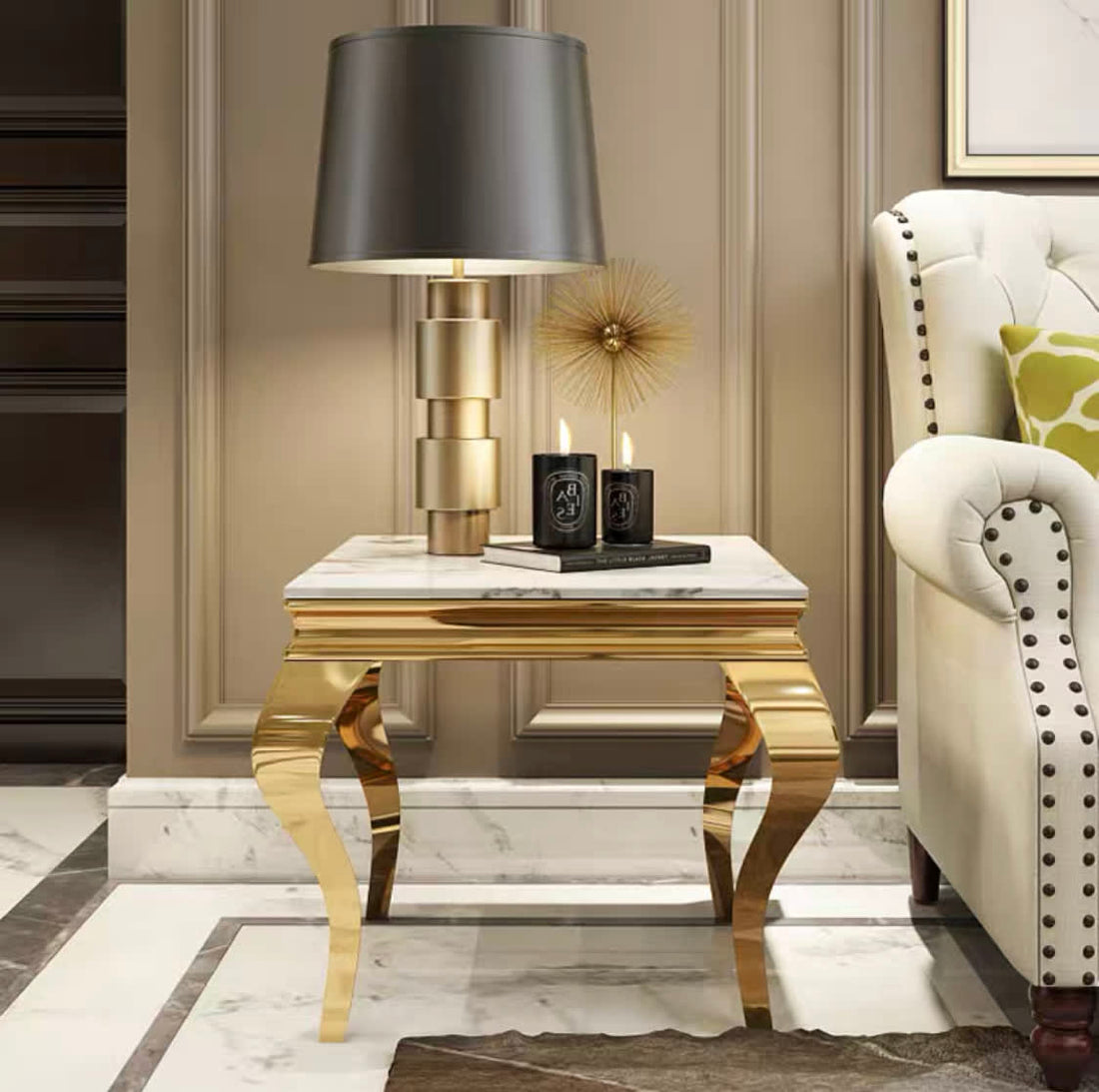 GUERIDON BAROQUE GOLD MARBRE BLANC 50x50 cm