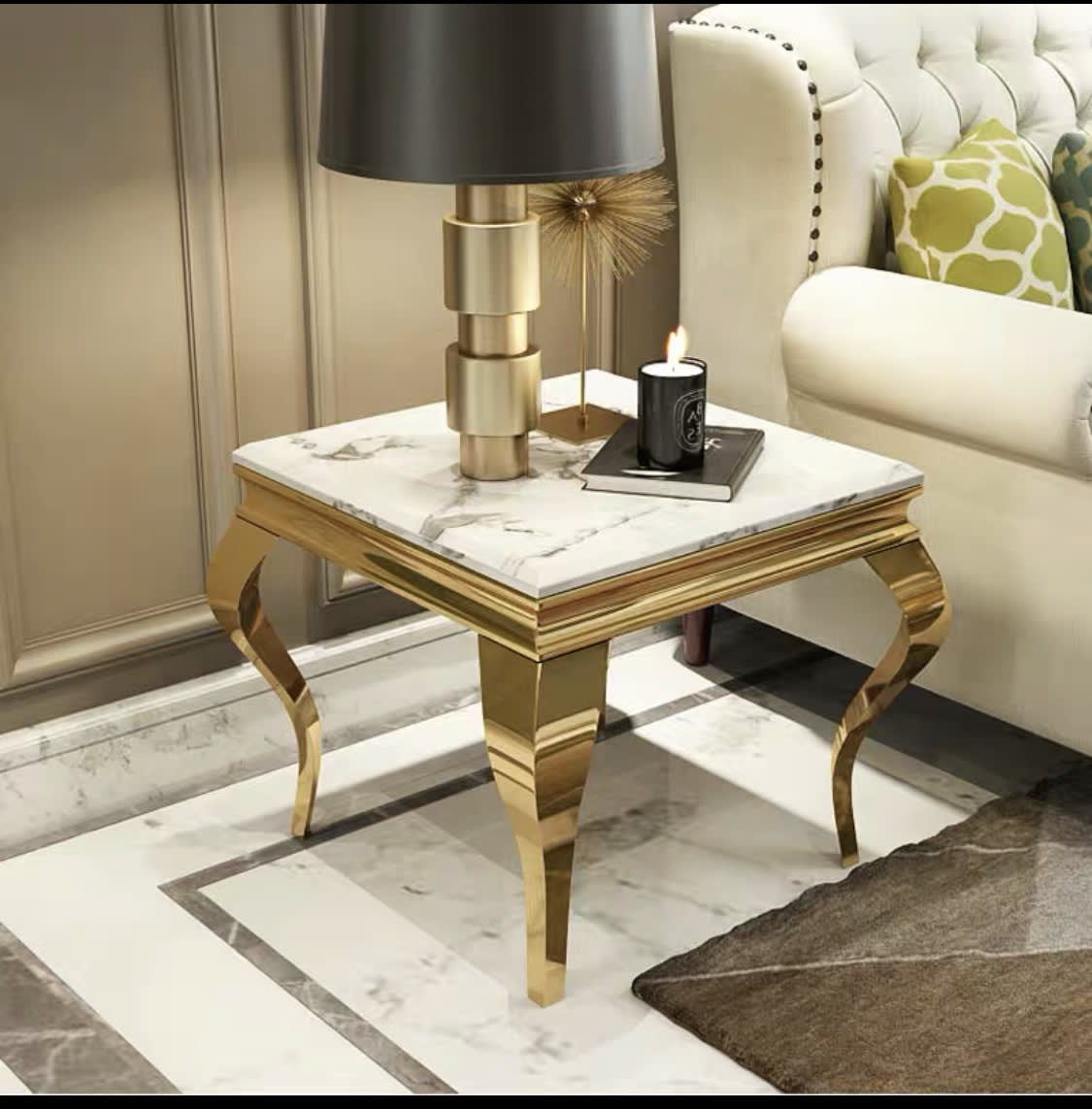 GUERIDON BAROQUE GOLD MARBRE BLANC 50x50 cm