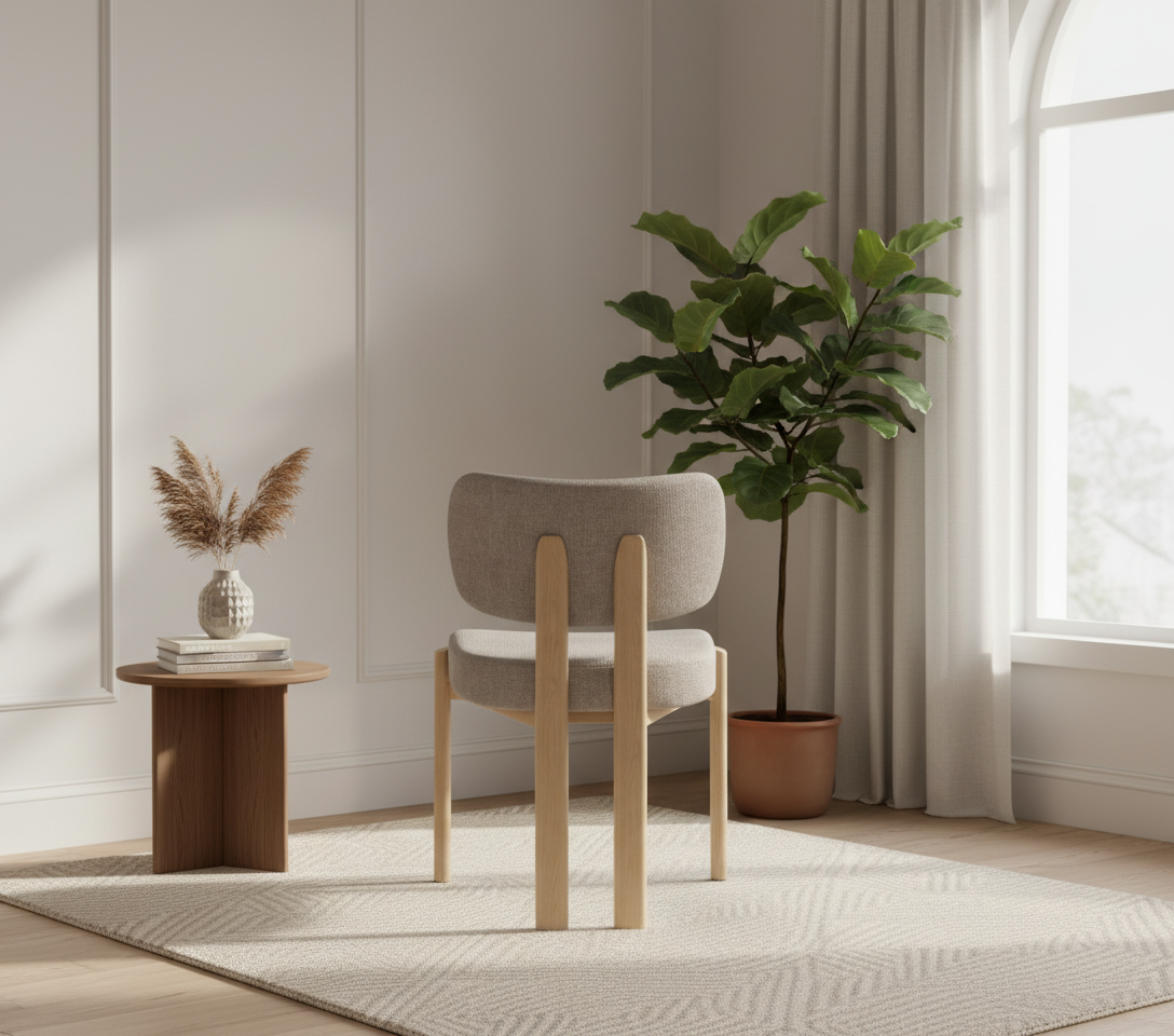 CHAISE ERM-BAGUETTE PIED EFFET BOIS TISSUS SERGE CHENILLE MOKA