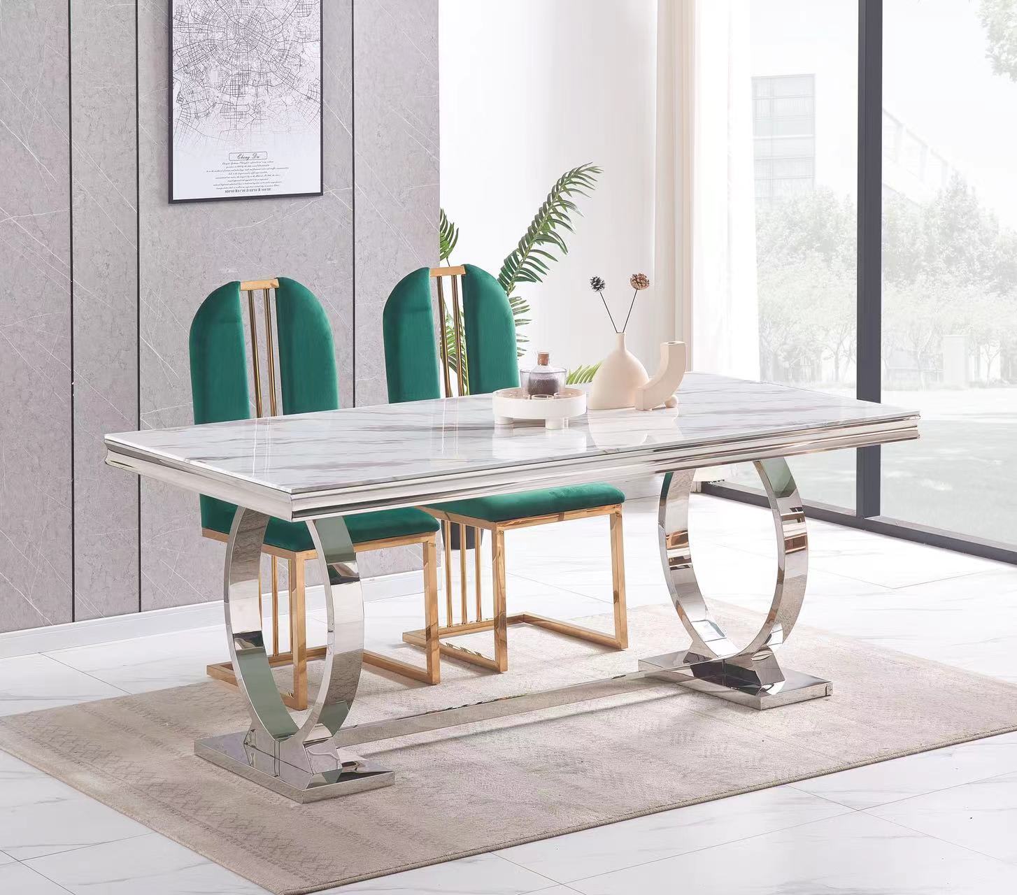 TABLE REPAS OMEGA CHROME MARBRE BLANC 180X90CM