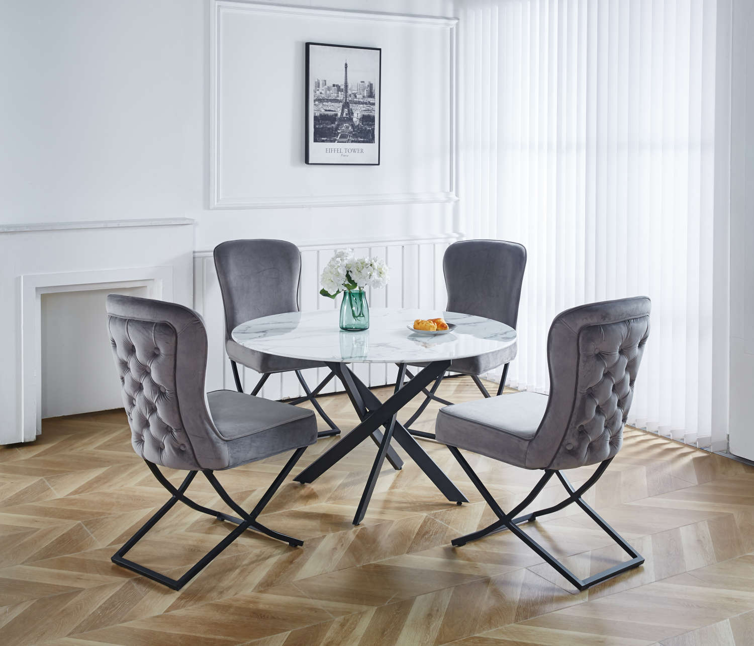 TABLE REPAS JESSICA METAL NOIR MARBRE BLANC 120x75 cm