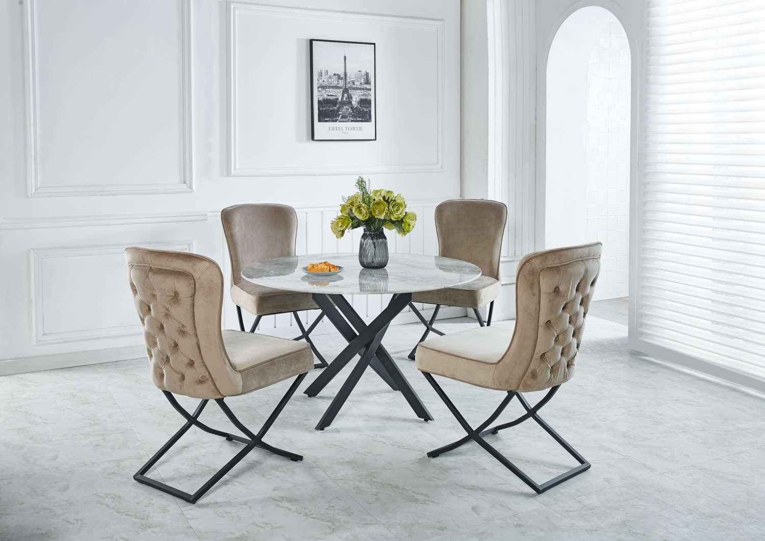 TABLE REPAS JESSICA METAL NOIR MARBRE GREIGE 100x75cm