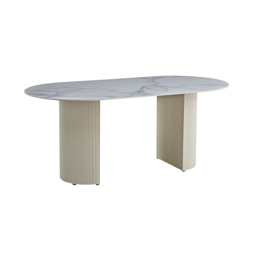 Table à manger ANNA plateau en céramique marbré blanc L 180 cm