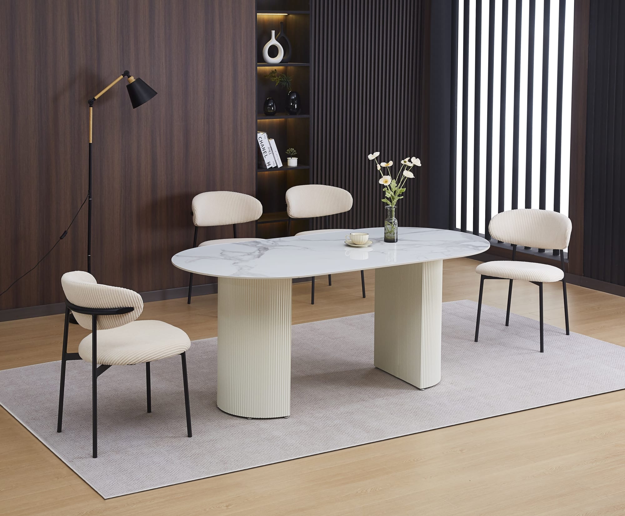 Table à manger ANNA plateau en céramique marbré blanc L 180 cm