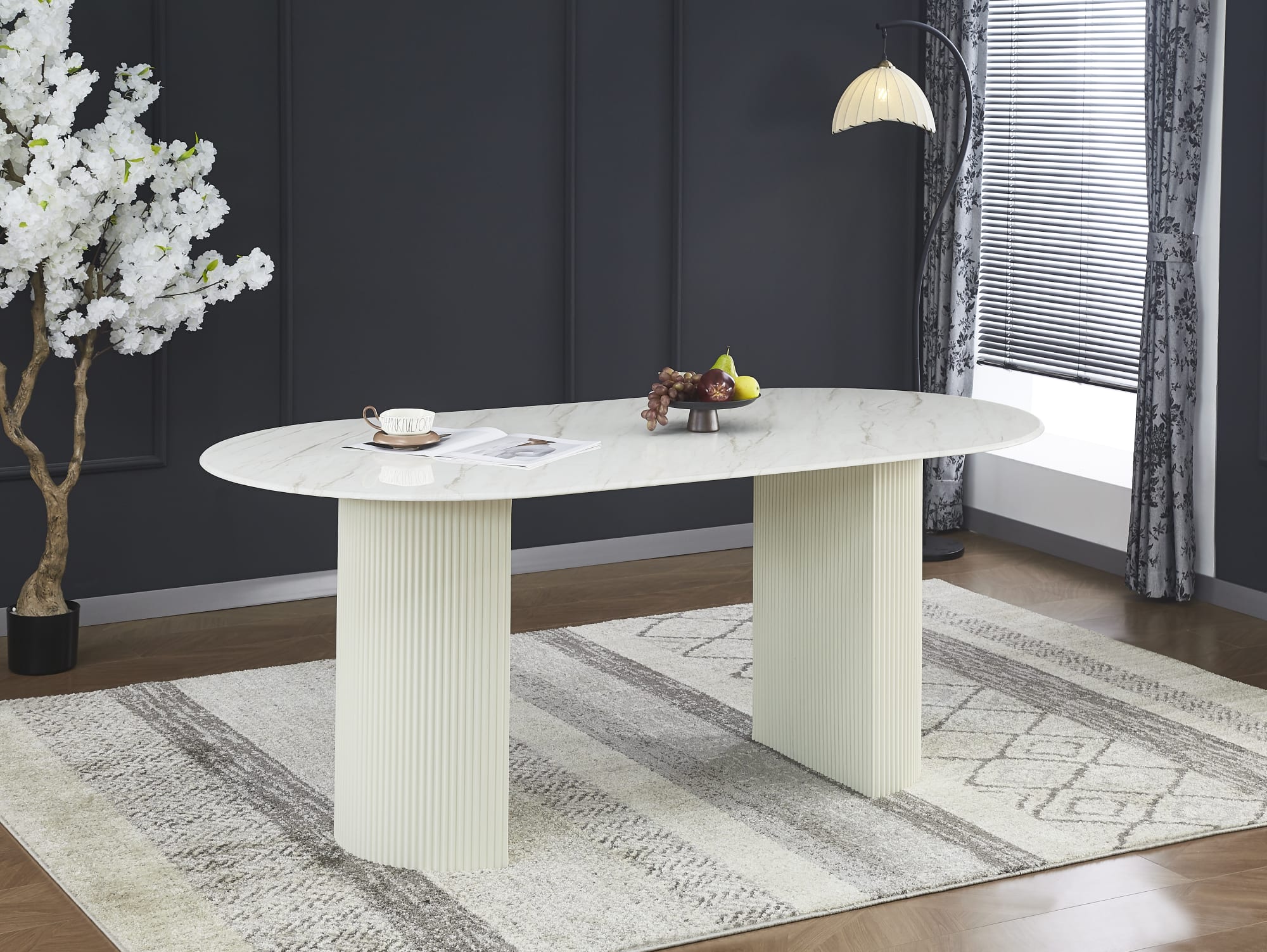 Table à manger ANNA plateau en céramique marbré blanc L 180 cm