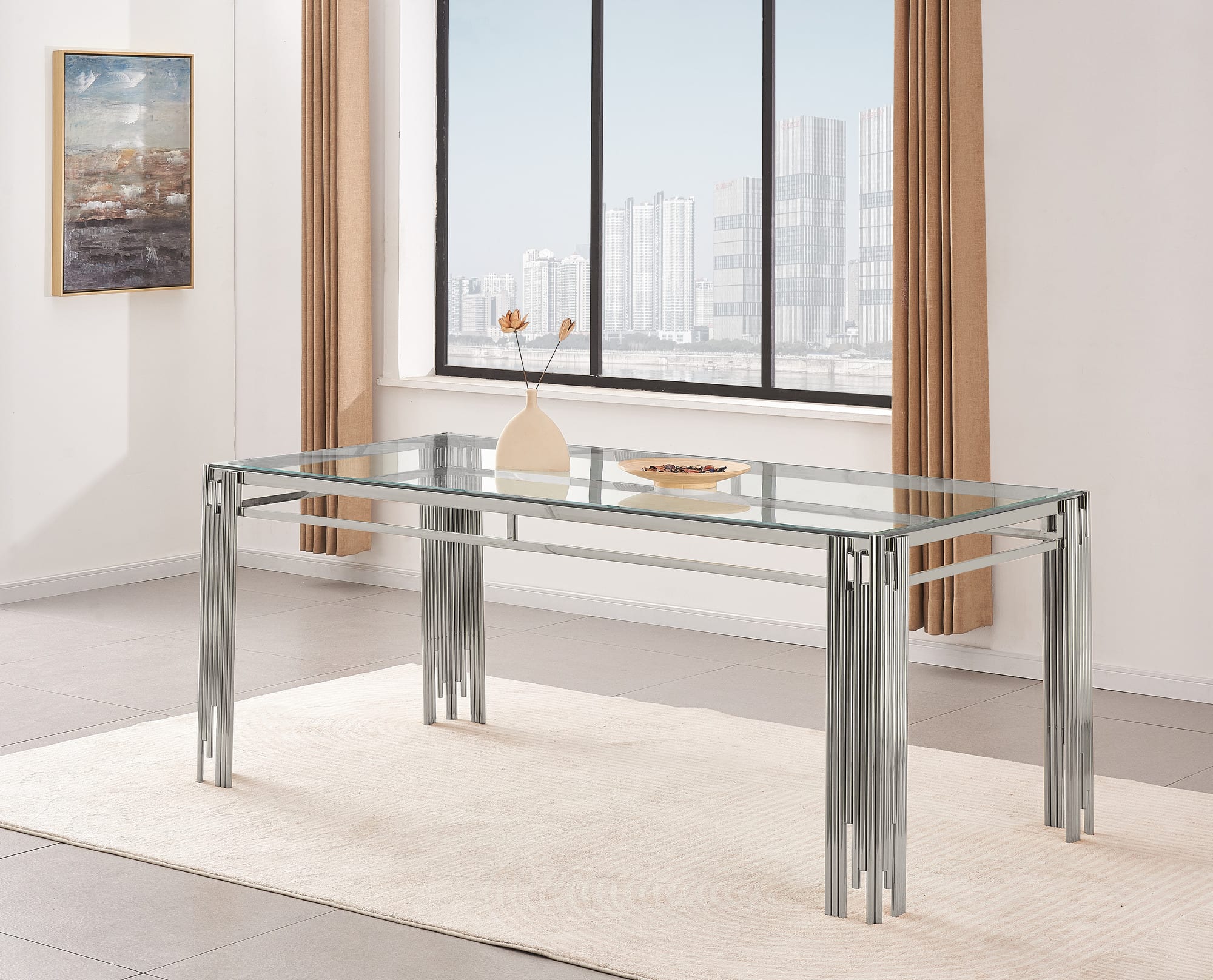 Table à manger FLUTE Chrome Plateau en verre transparent 150 cm