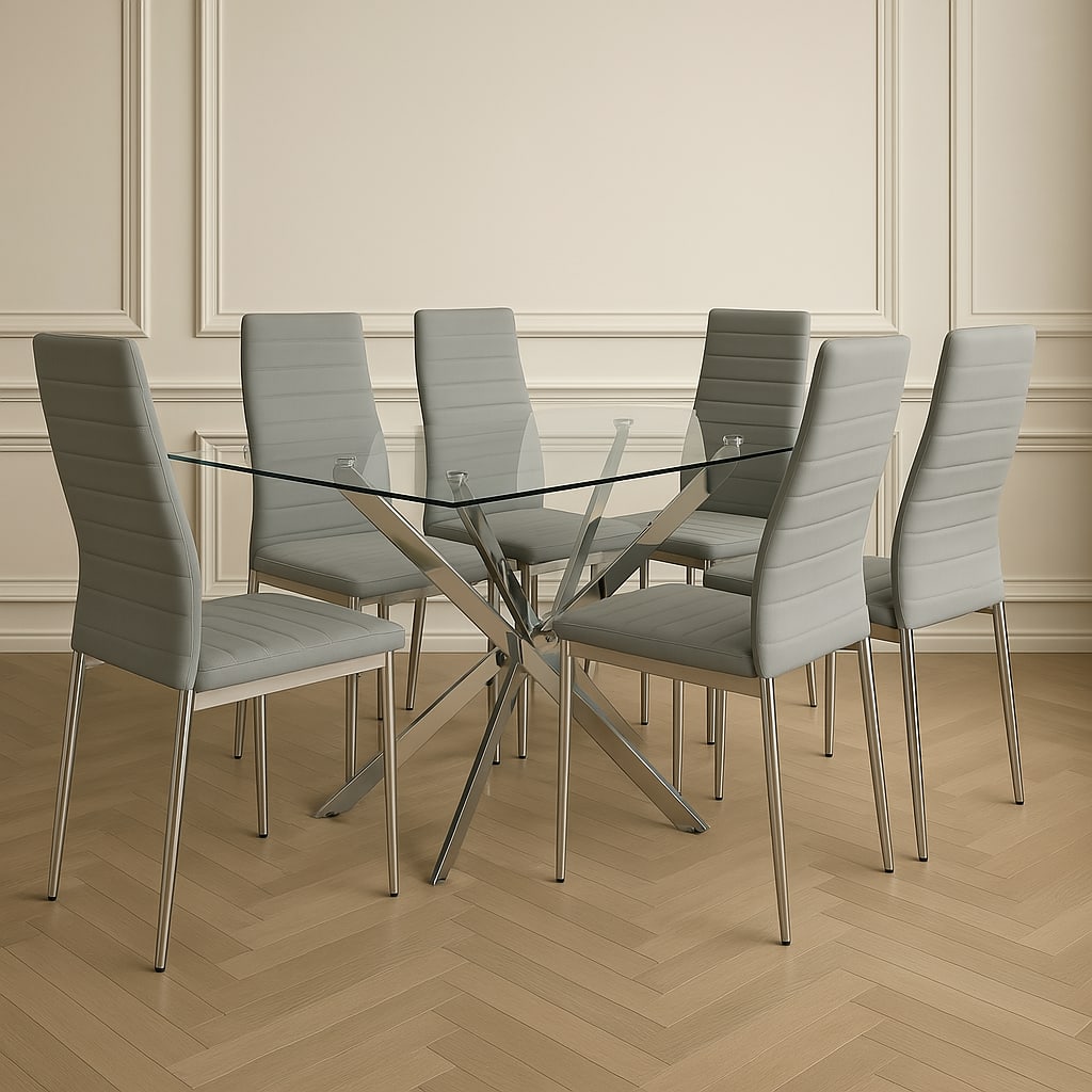 Table Repas JESSICA XXL Chrome et plateau en verre 180 cm 6 à 8 couverts