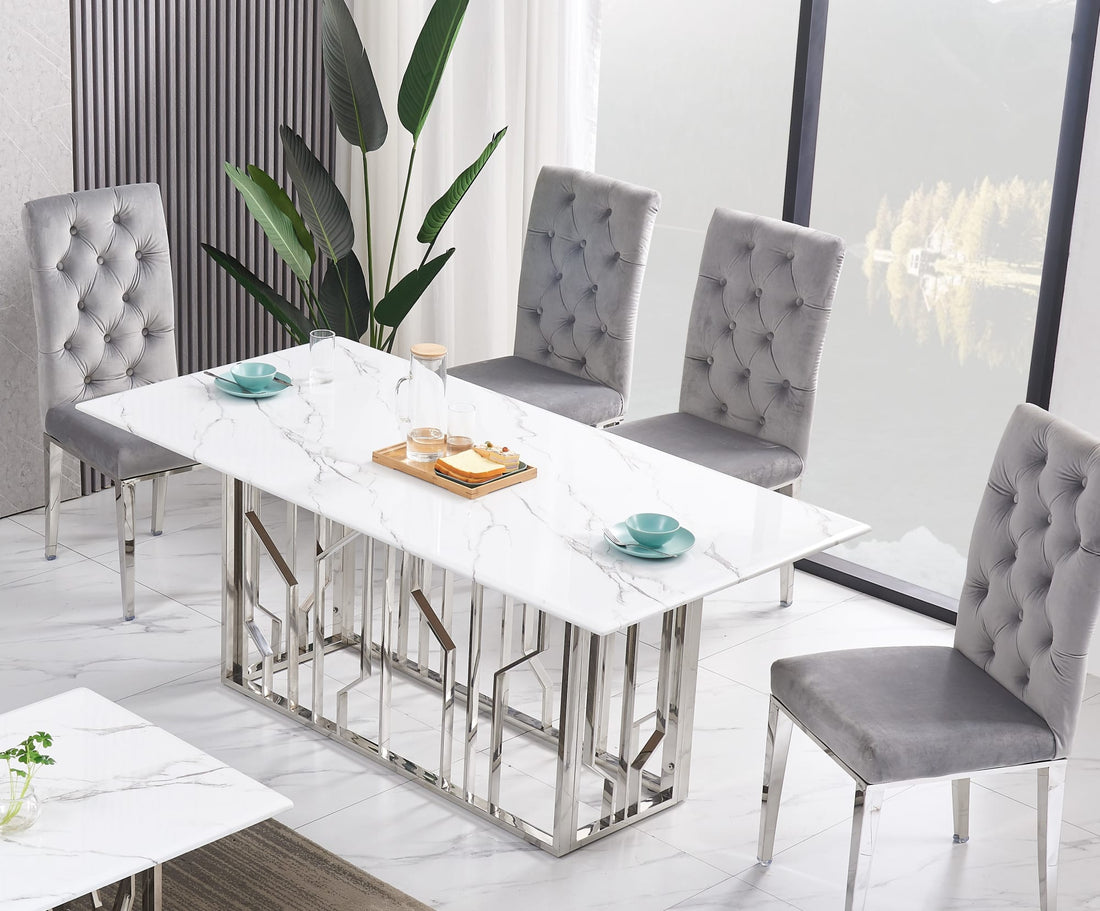 TABLE REPAS PORTOFINO CHROME MARBRE BLANC 180x90 cm