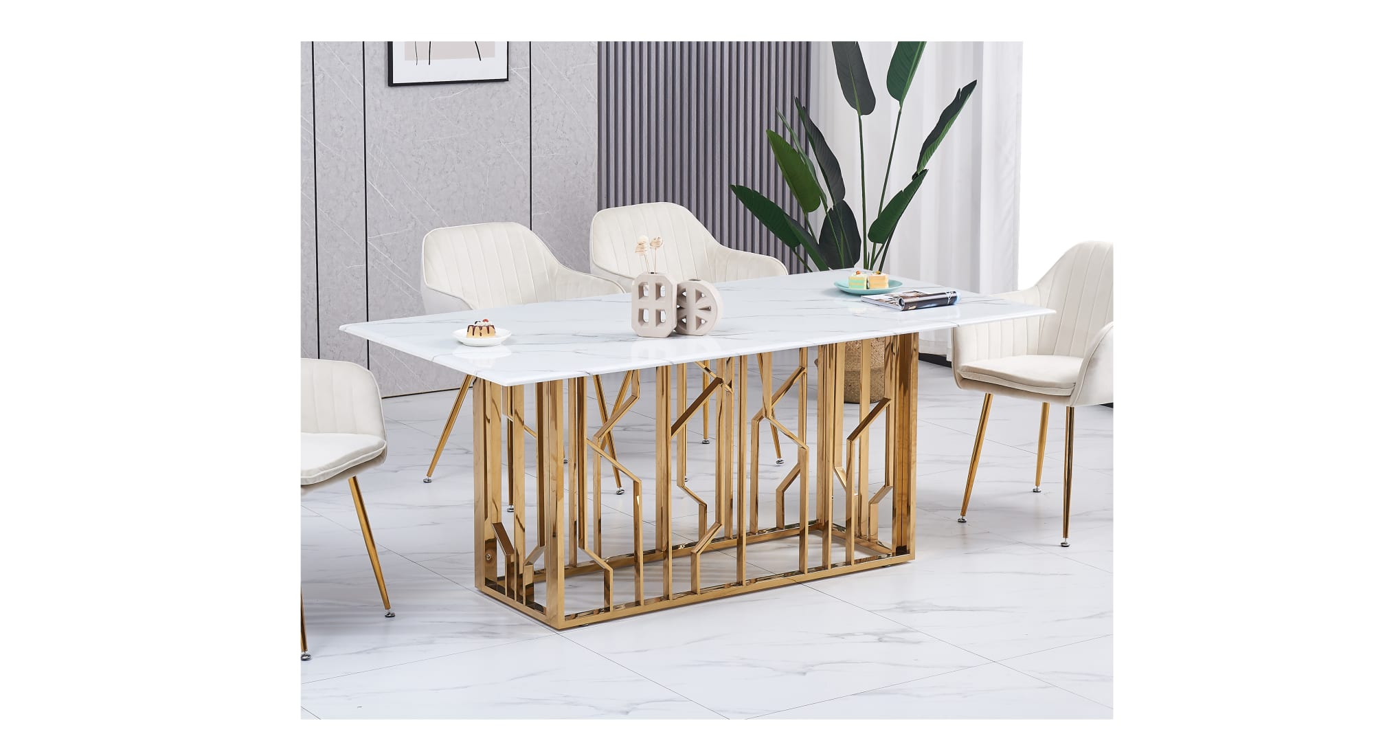 TABLE REPAS PORTOFINO GOLD MARBRE BLANC 180x90cm