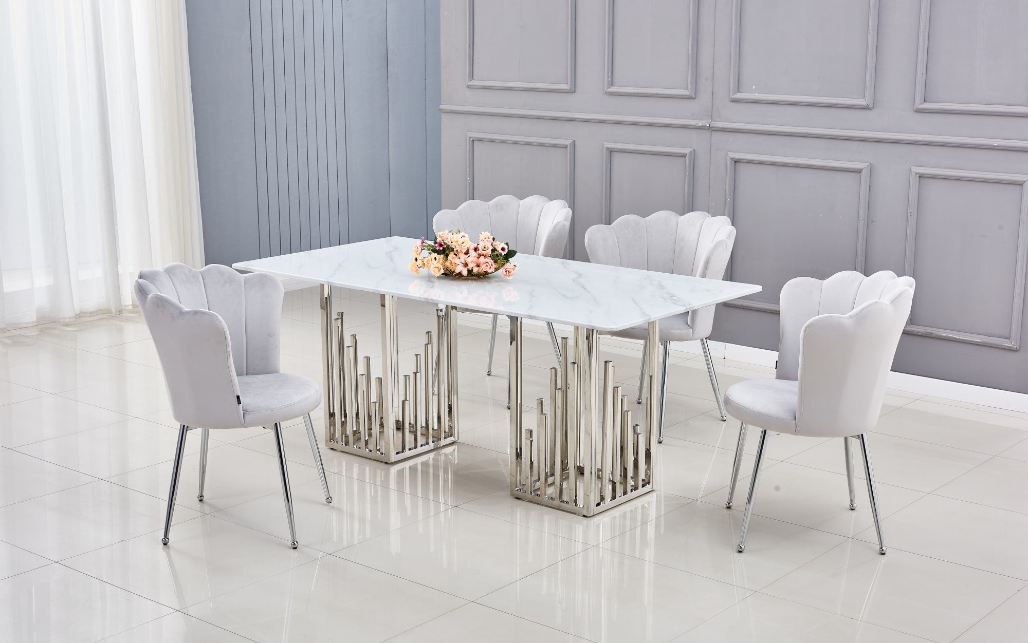 TABLE REPAS STALAX CHROME MARBRE BLANC 180x90 cm