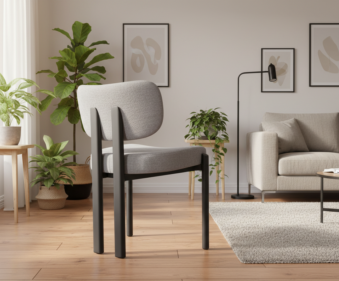 CHAISE ERM-BAGUETTE PIED METAL NOIR TISSUS SERGE CHENILLE LIGHT GRIS