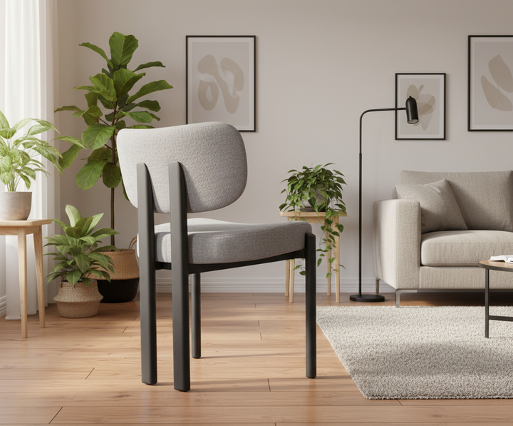 CHAISE ERM-BAGUETTE PIED METAL NOIR TISSUS SERGE CHENILLE LIGHT GRIS