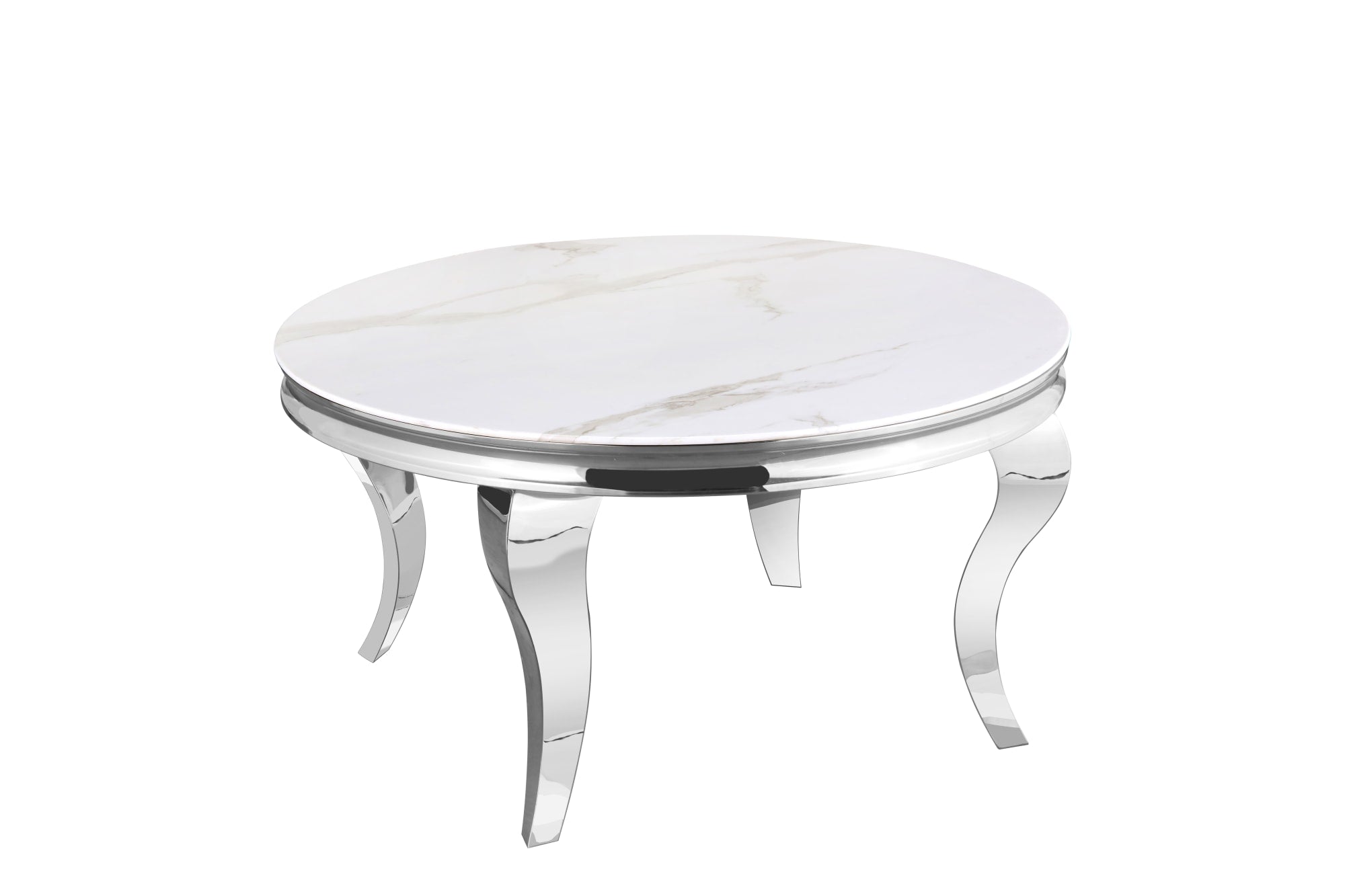 Table basse ronde baroque chrome et plateau en verre de 80 cm