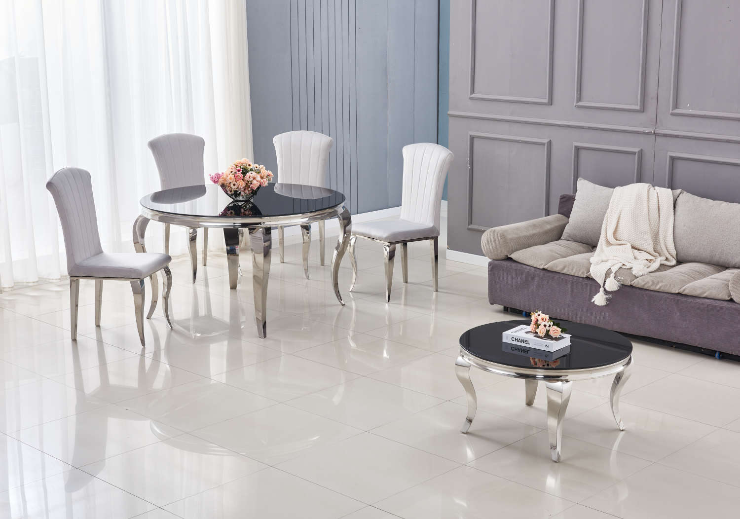 Table à manger ronde BAROQUE chrome  130x75 cm