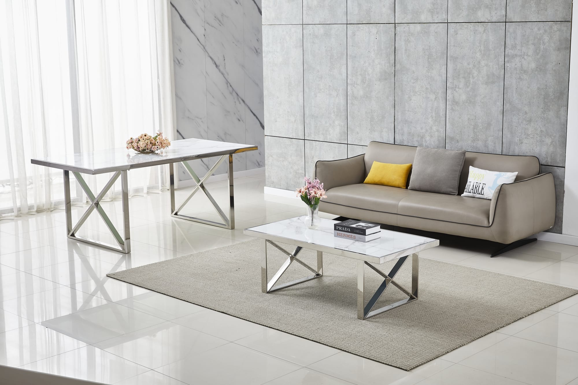 TABLE BASSE LEVANTO CHROME MARBRE BLANC 120x60x45 cm