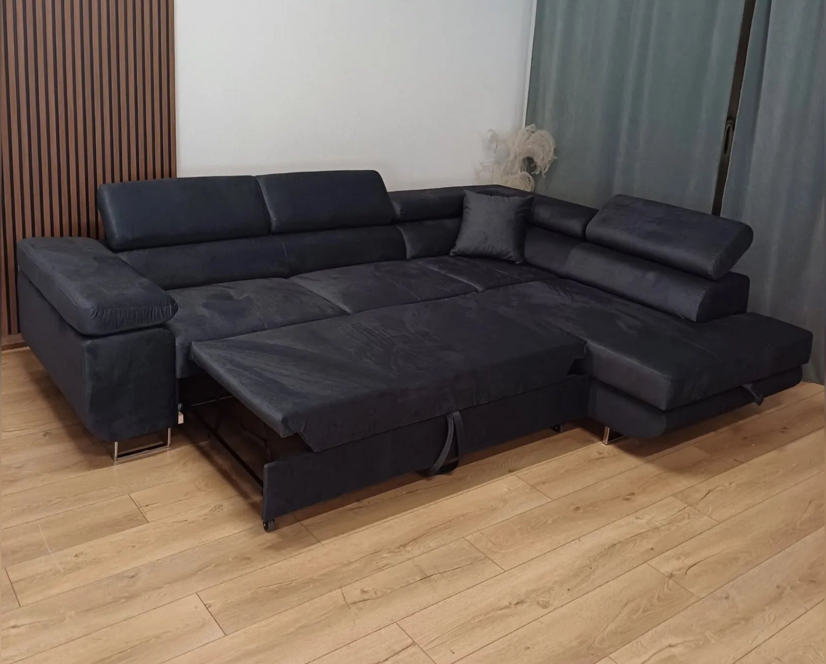 canapé ERM TOULOUSE ANGLE DROIT CONVERTIBLE 275x205cm en velours anthracite