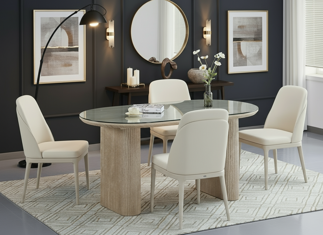 Table à manger ERM-Roxy effet travertin plateau transparent en verre