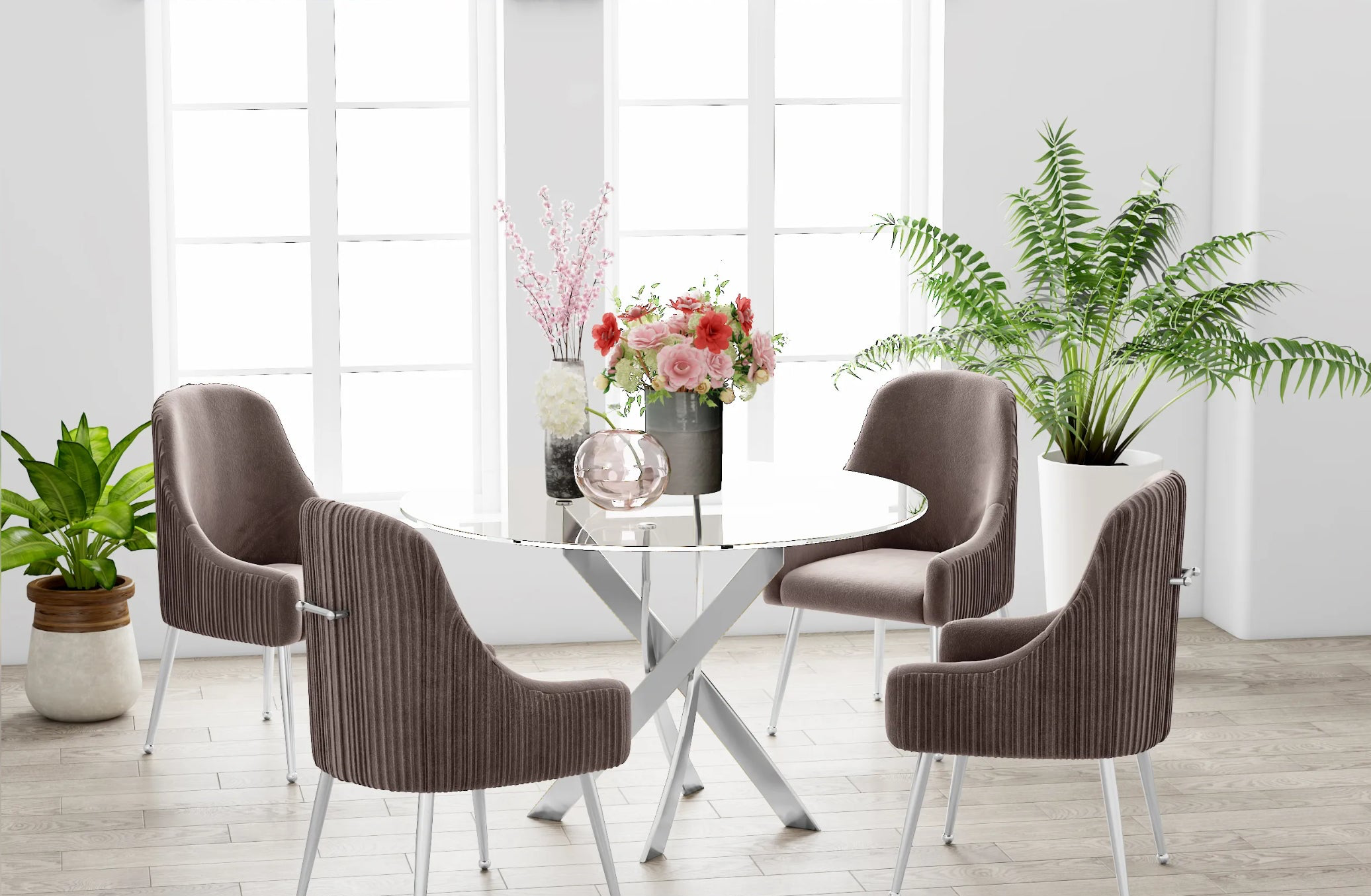 Table à manger ERM-Jessica chromée plateau en verre transparent