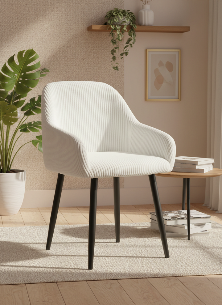 CHAISE AVEC ACCOUDOIR PEACH PIED METAL NOIR COTELE ECRU