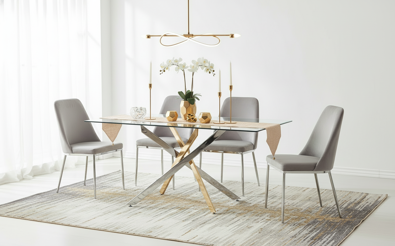 Table à manger ERM-Jessica gold chromée plateau de verre transparent