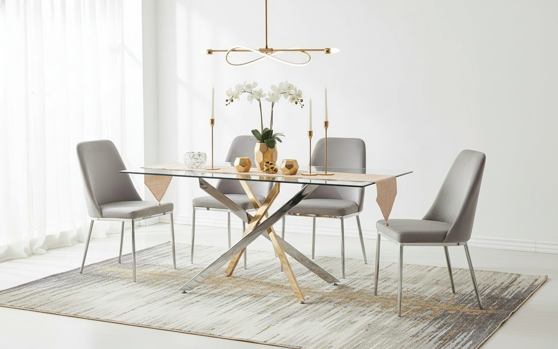 Table à manger ERM-Jessica gold chromée plateau de verre transparent