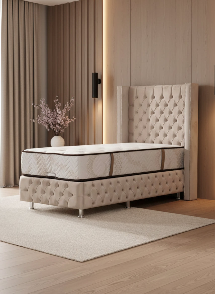 Lit coffre clouté beige-SAN