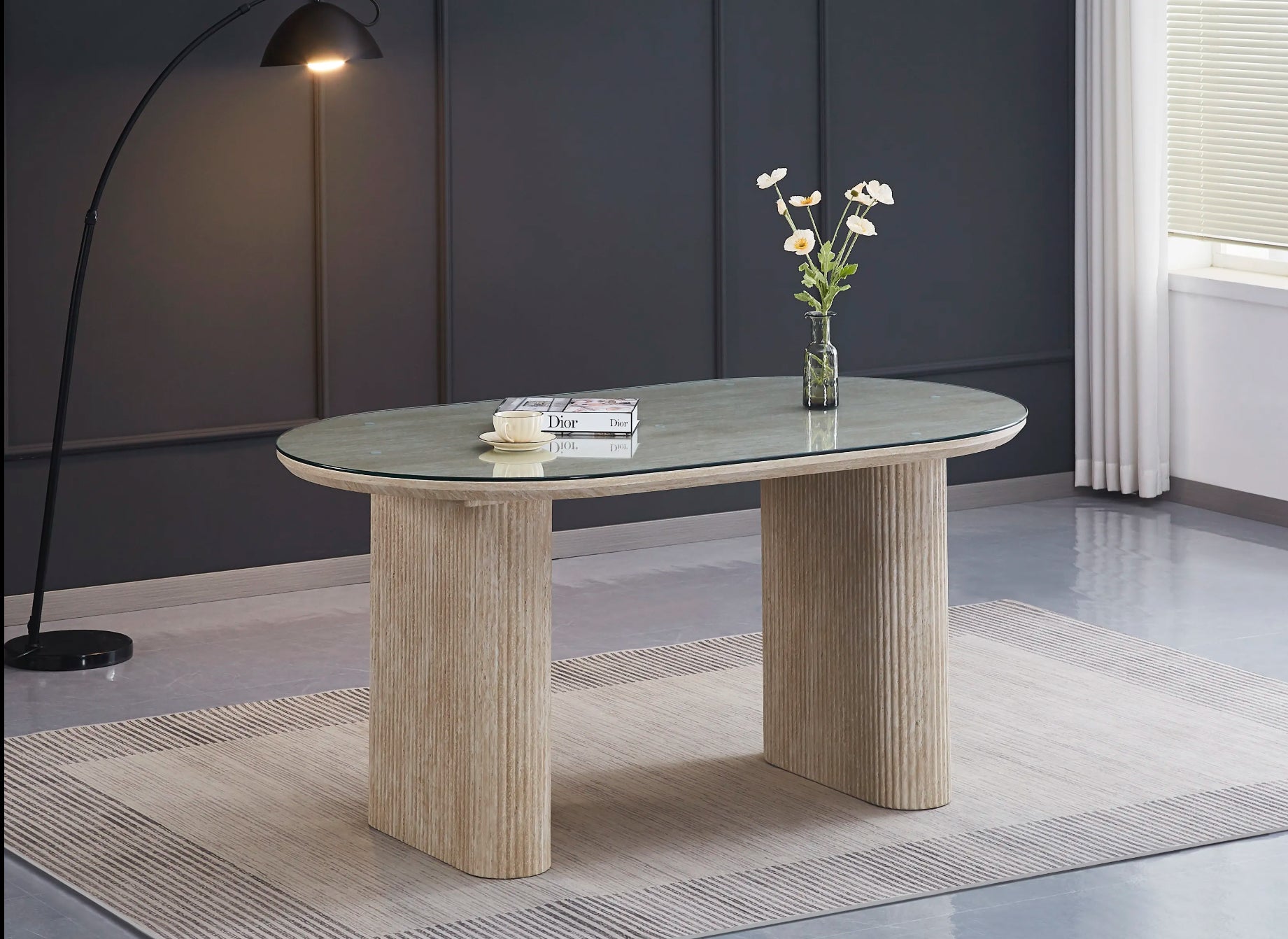 Table à manger ERM-Roxy effet travertin plateau transparent en verre