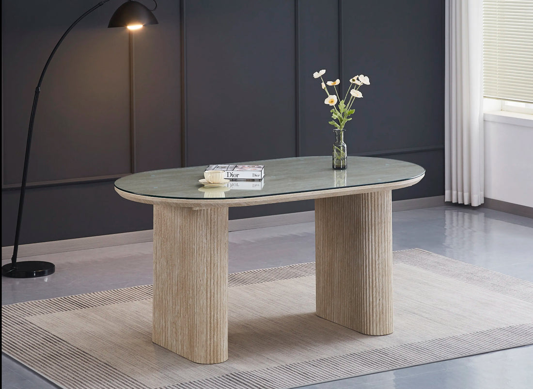 Table à manger ERM-Roxy effet travertin plateau transparent en verre