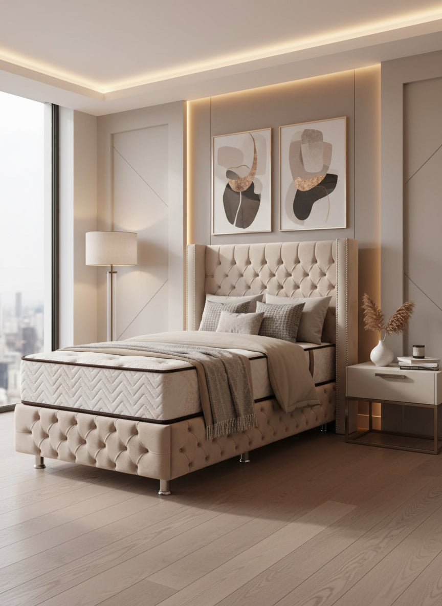 Lit coffre clouté beige-SAN