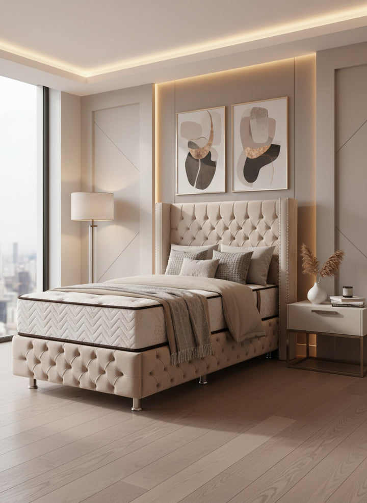 Lit coffre clouté beige-SAN