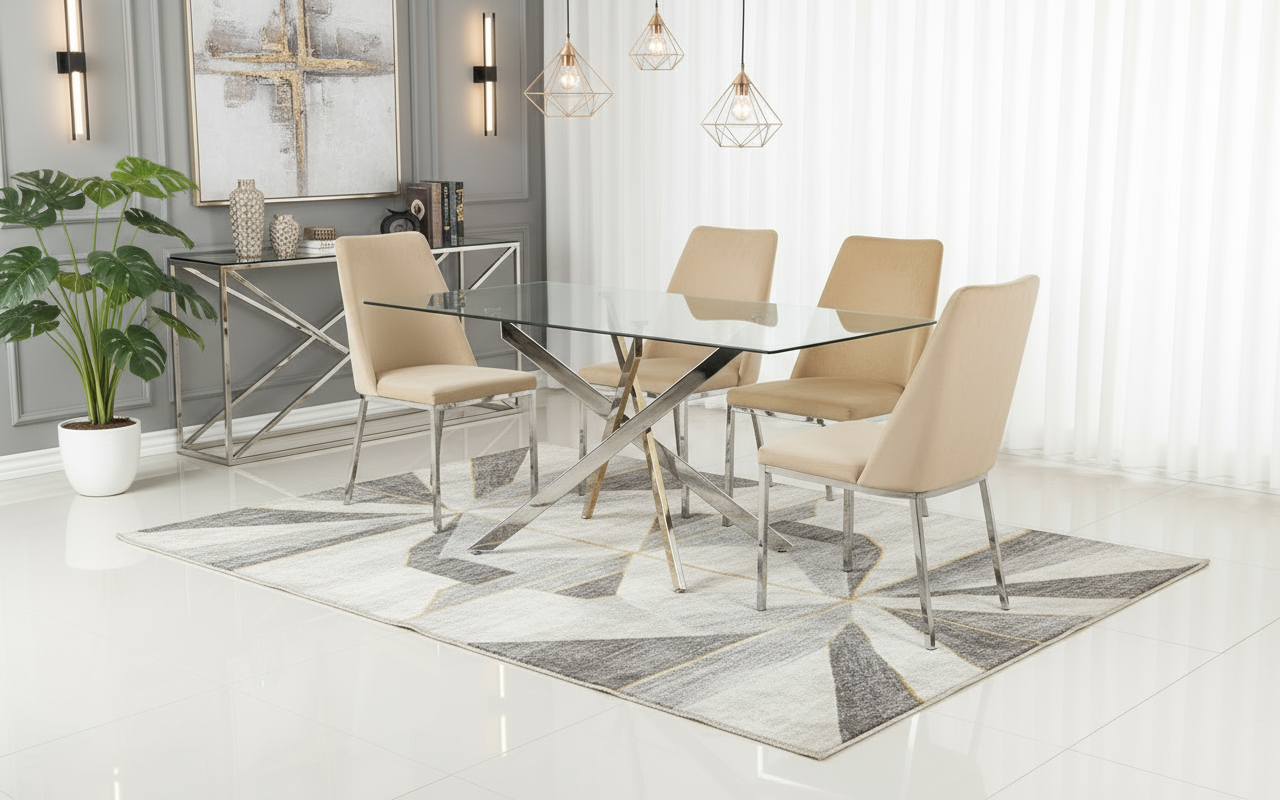 Table à manger ERM-Jessica gold chromée plateau de verre transparent