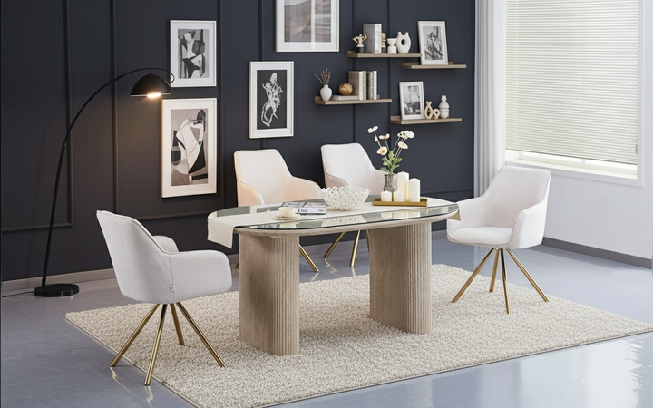 Table à manger ERM-Roxy effet travertin plateau transparent en verre