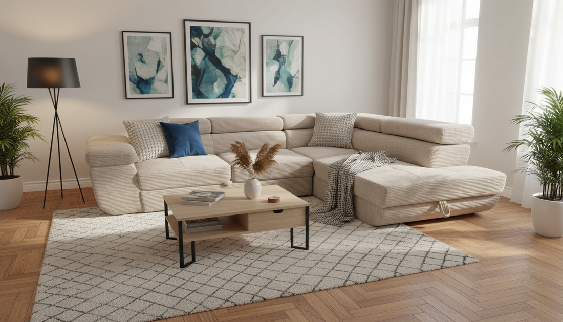 canapé ERM TOULOUSE ANGLE DROIT CONVERTIBLE 275x205cm côtele ecru