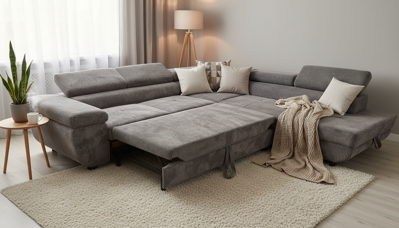 canapé ERM TOULOUSE ANGLE DROIT CONVERTIBLE 275x205cm côtelé gris