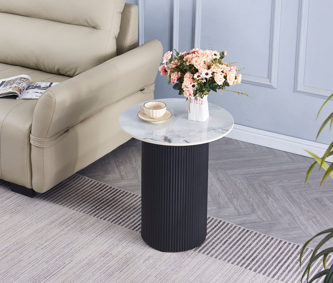 GUERIDON VALMY PIEDS NOIR PLATEAU CERAMIQUE MARBRE BLANC 50x55cm