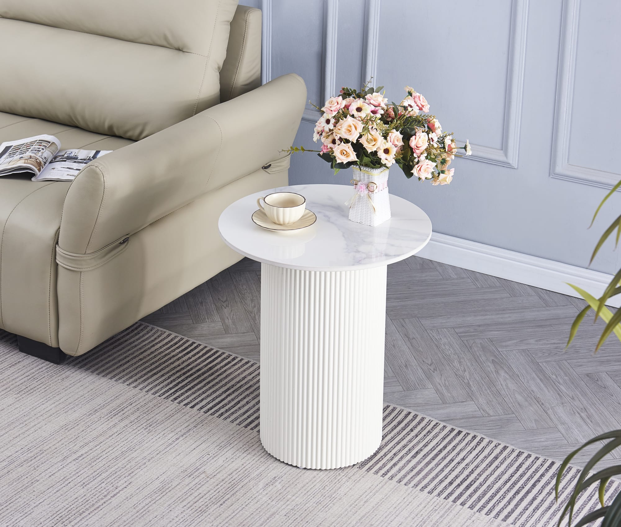 GUERIDON VALMY PIED BEIGE PLATEAU CERAMIQUE MARBRE GRIS 50cm diametre