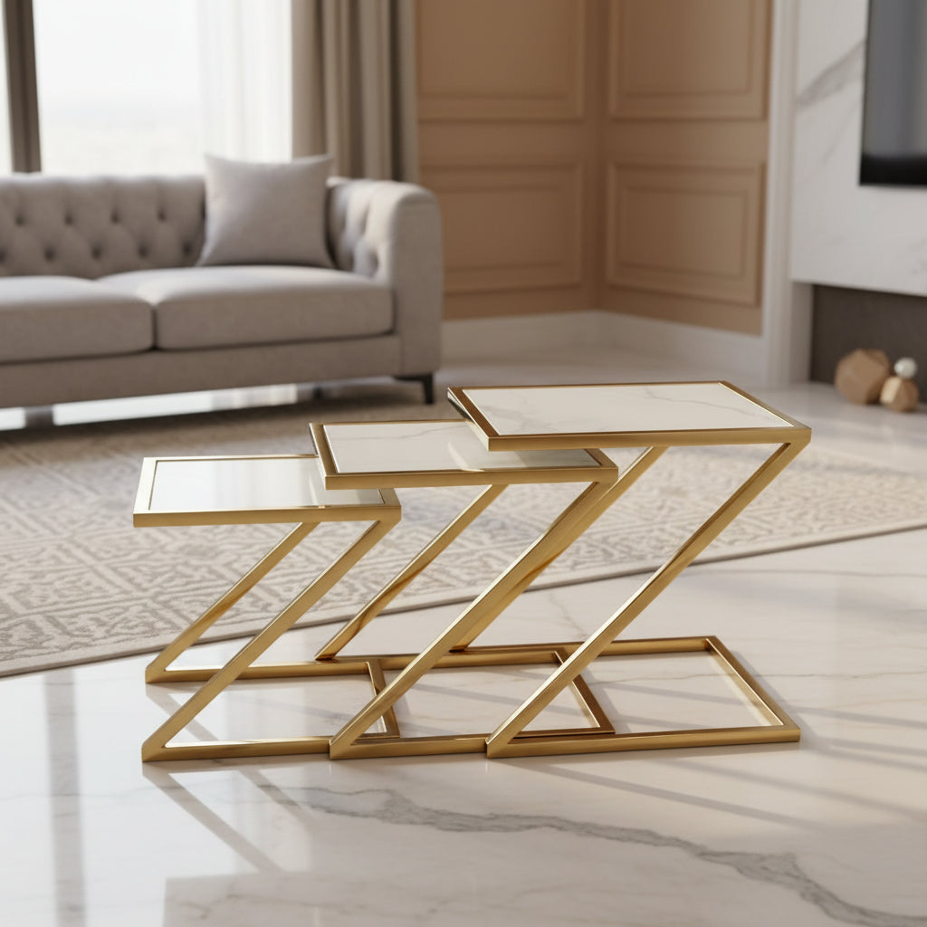 GUERIDON GIGOGNE CHROME MARBRE BLANC 45x45+40x40+35x35 cm