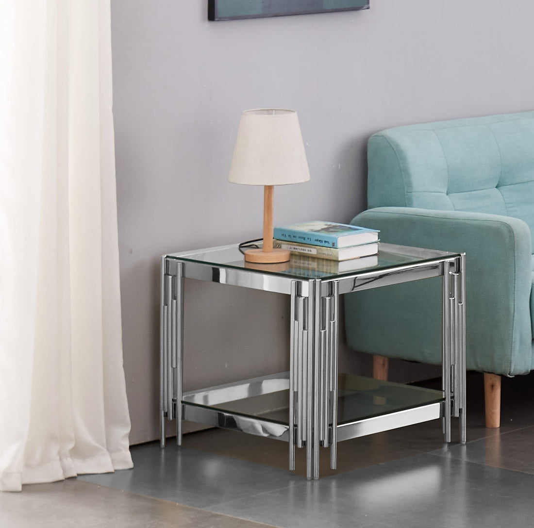 GUERIDON FLUTE GOLD DOUBLE PLATEAU TRANSPARENT 50X50X55CM