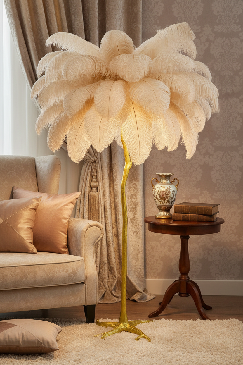 LAMPADAIRE VELONA-ERM PLUME D'AUTRUCHE BEIGE 80x170cm